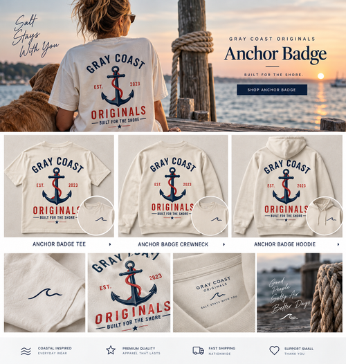 Anchor Badge — matching tee, crewneck, hoodie and lifestyle hero