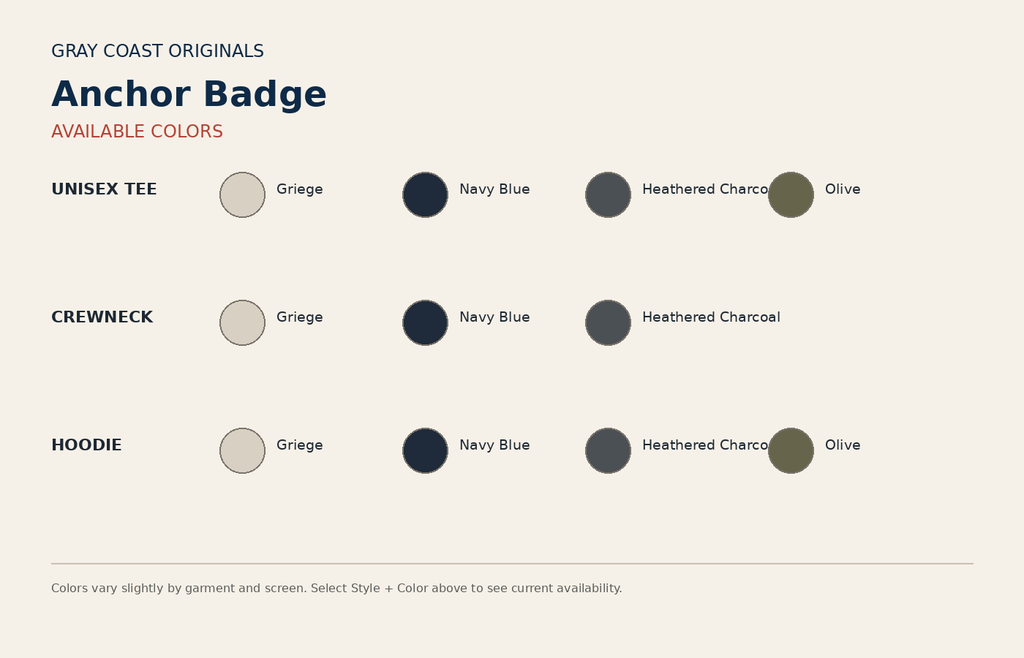 Anchor Badge color chart — tee, crewneck and hoodie