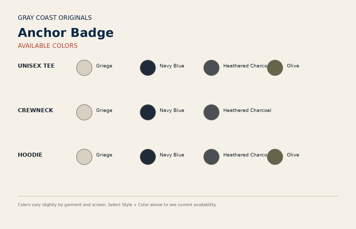 Anchor Badge color chart — tee, crewneck and hoodie