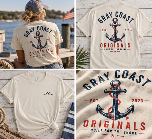 Gray Coast Originals Anchor Badge tee — lifestyle, front, back and design detail