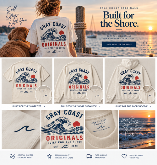 Built for the Shore — matching tee, crewneck, hoodie and lifestyle hero