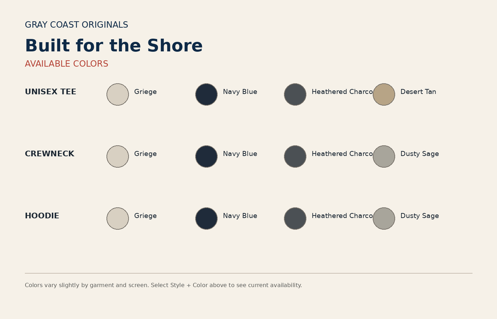 Built for the Shore color chart for tee crewneck and hoodie