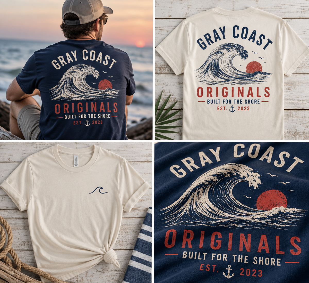 Gray Coast Originals Built for the Shore tee — lifestyle, front, back and design detail