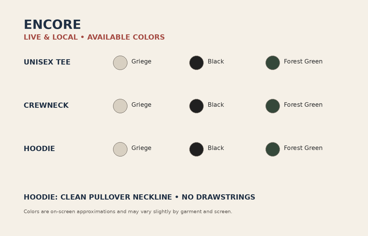 Encore color chart — tee crewneck and no-drawstring hoodie