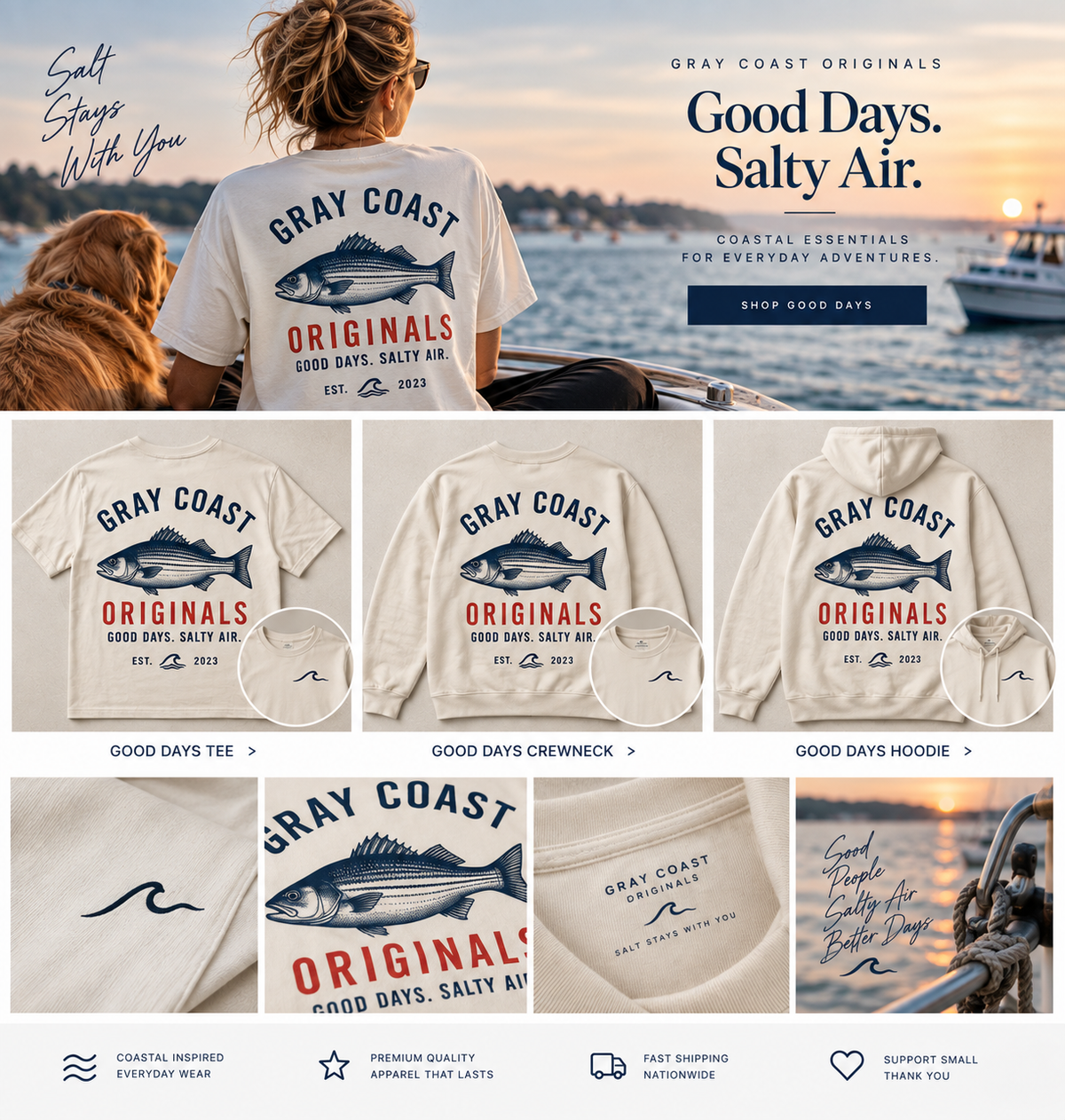 Good Days. Salty Air. — matching tee, crewneck, hoodie and lifestyle hero