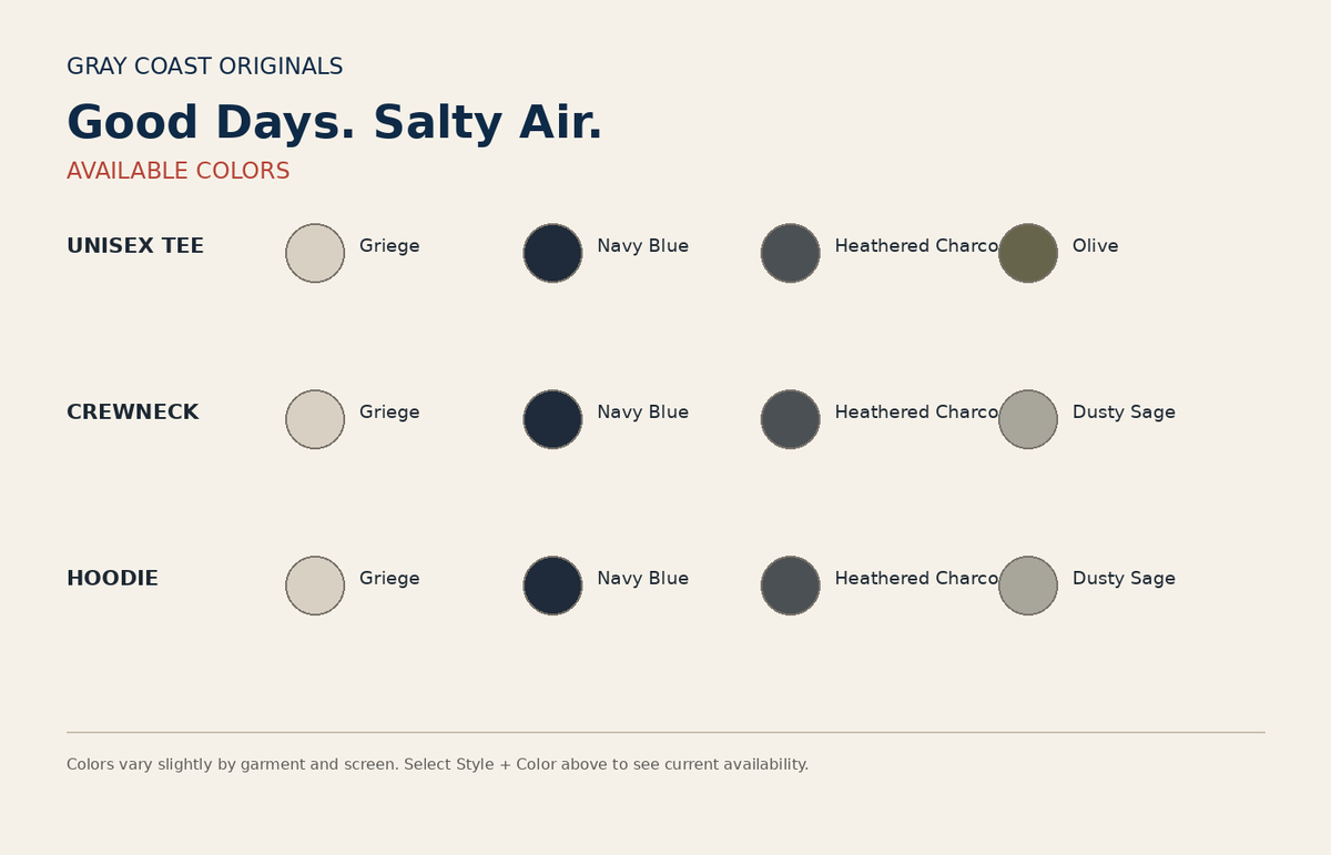 Good Days Salty Air color chart for tee crewneck and hoodie