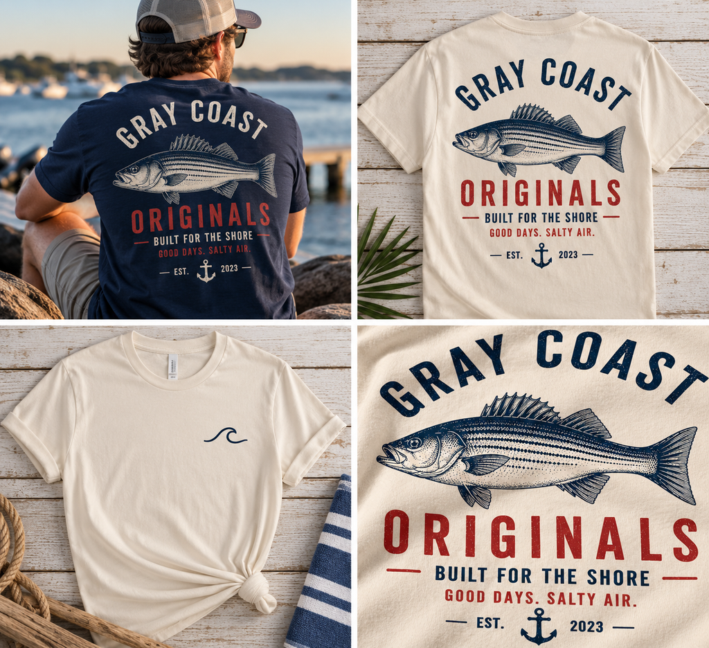 Gray Coast Originals Good Days Salty Air tee — lifestyle, front, back and design detail