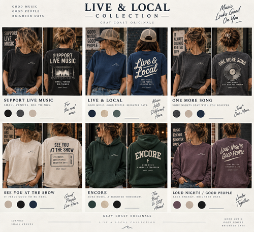 Live & Local collection — Gray Coast wave front and statement back design