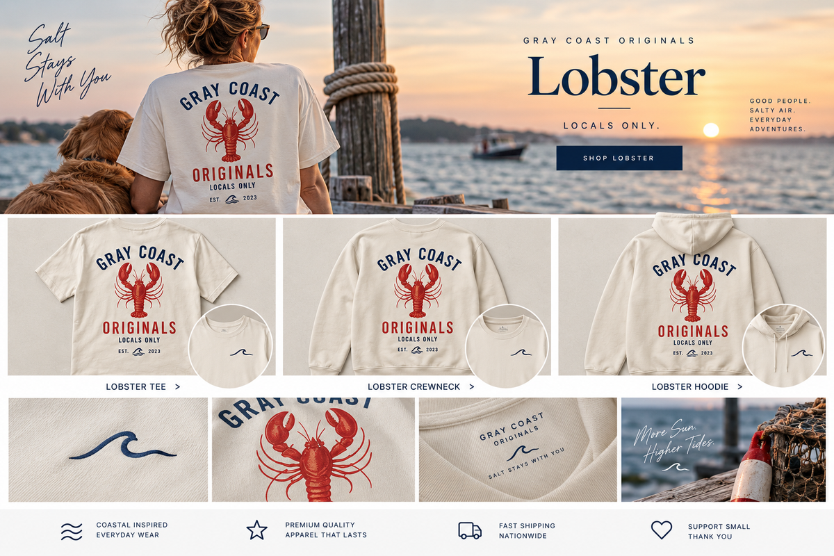 Gray Coast Lobster — matching tee, crewneck, hoodie and lifestyle hero