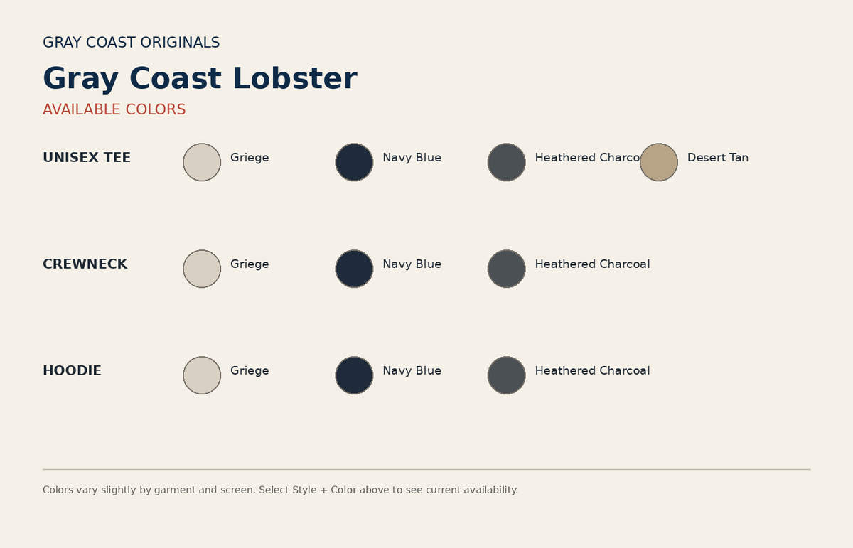 Gray Coast Lobster color chart for tee crewneck and hoodie