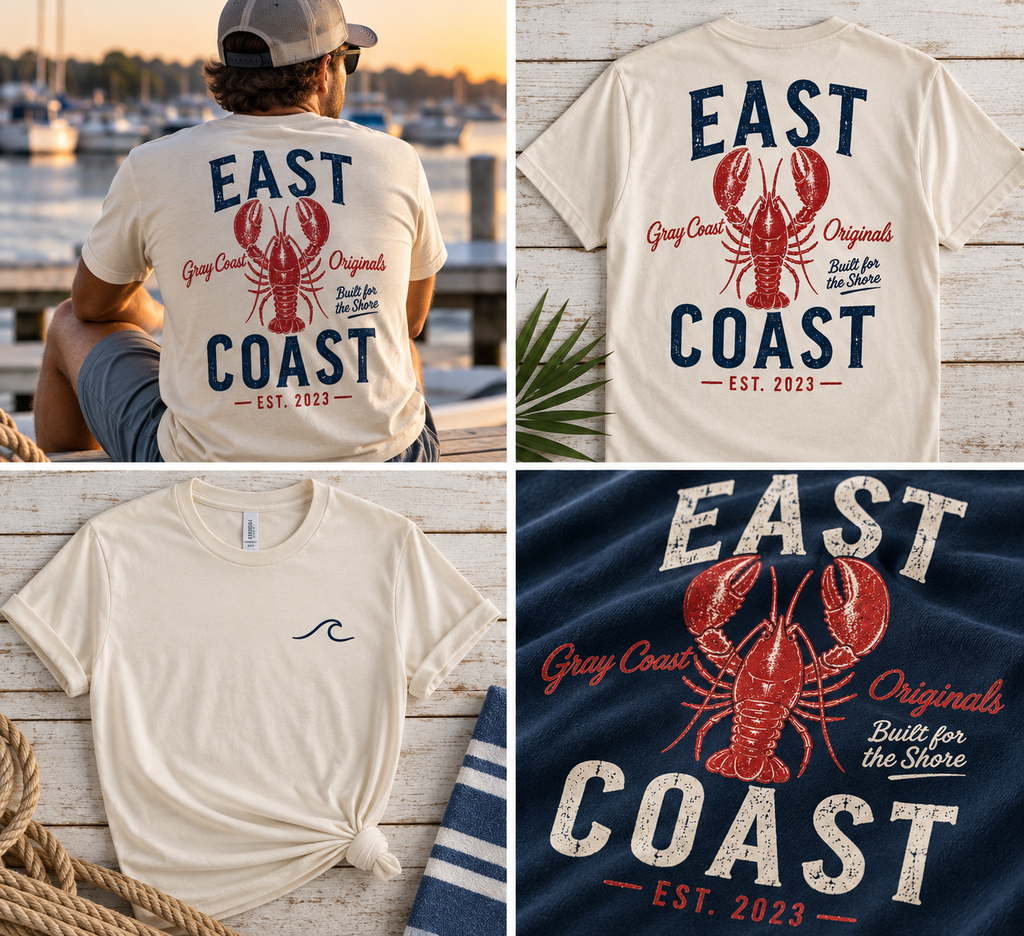 Gray Coast Originals Lobster tee — lifestyle, front, back and design detail