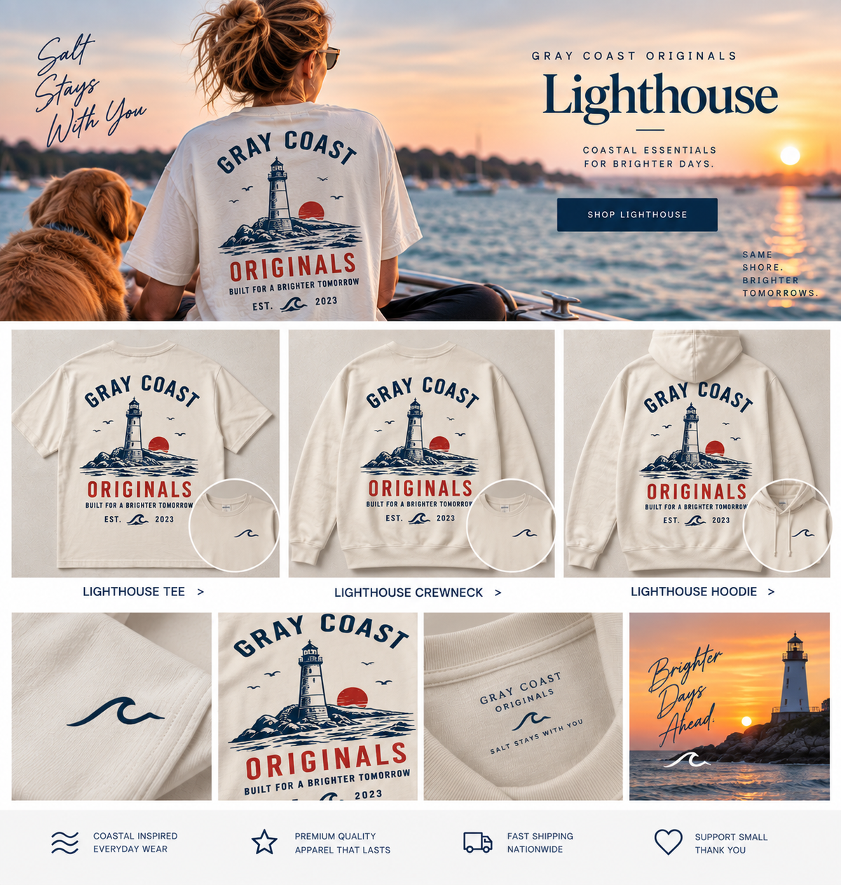 Lighthouse — matching tee, crewneck, hoodie and lifestyle hero
