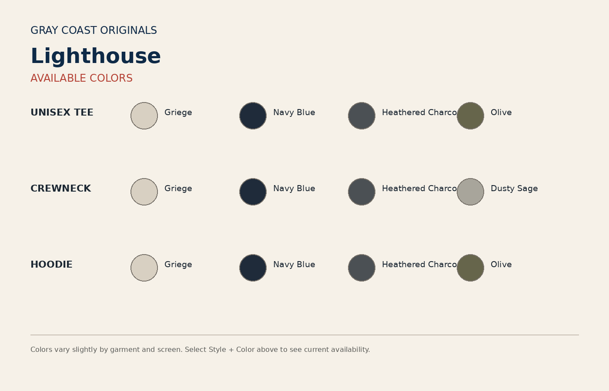 Lighthouse color chart for tee crewneck and hoodie