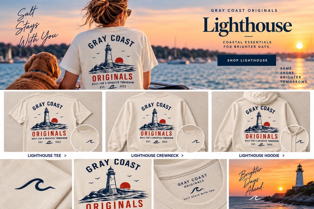 Gray Coast Originals Lighthouse — lifestyle, tee, crewneck, hoodie and design details