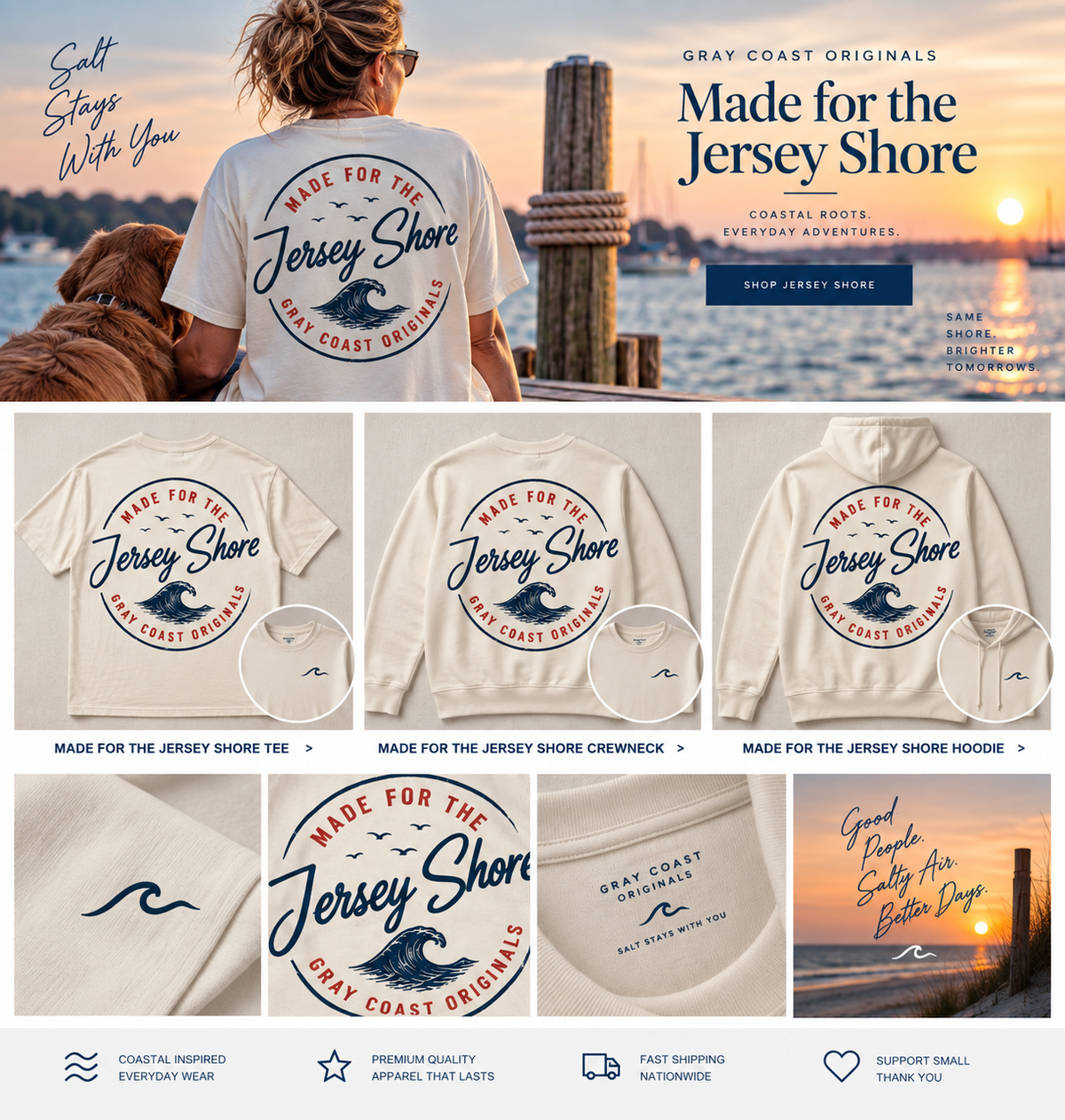 Made for the Jersey Shore — matching tee, crewneck, hoodie and lifestyle hero