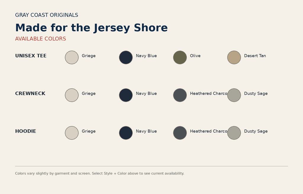 Made for the Jersey Shore color chart for tee crewneck and hoodie
