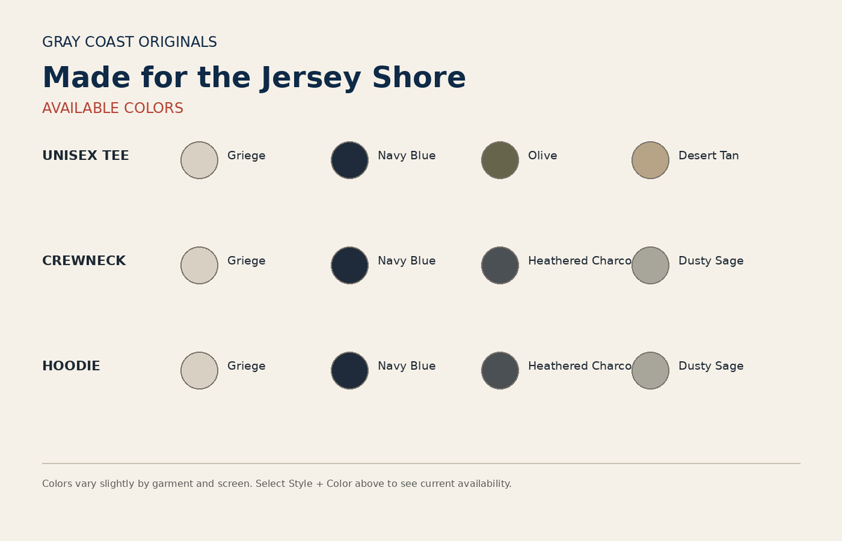 Made for the Jersey Shore color chart for tee crewneck and hoodie