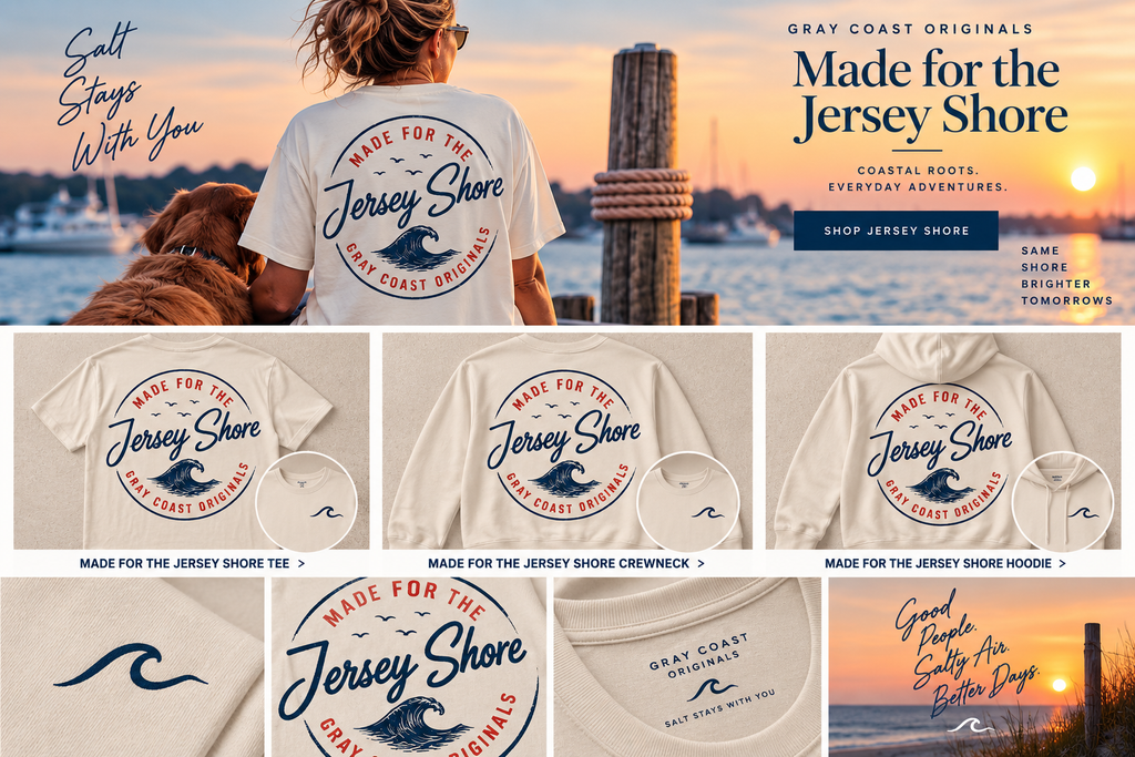 Gray Coast Originals Made for the Jersey Shore — lifestyle, tee, crewneck, hoodie and design details