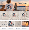 Palm Sunset — matching tee, crewneck, hoodie and lifestyle hero