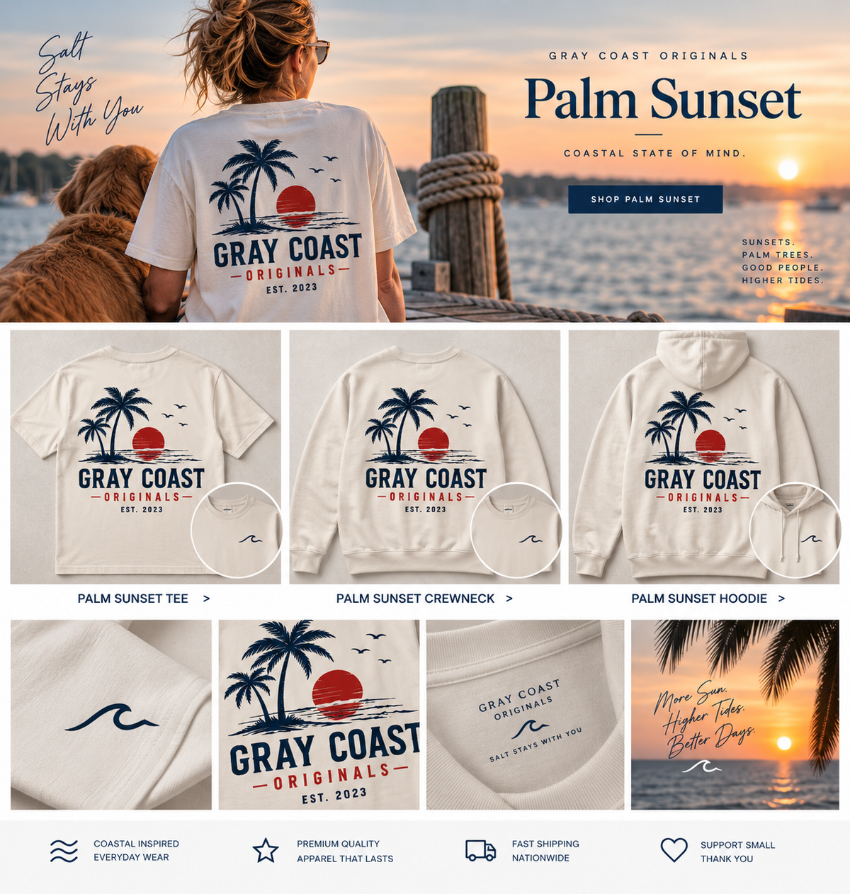 Palm Sunset — matching tee, crewneck, hoodie and lifestyle hero