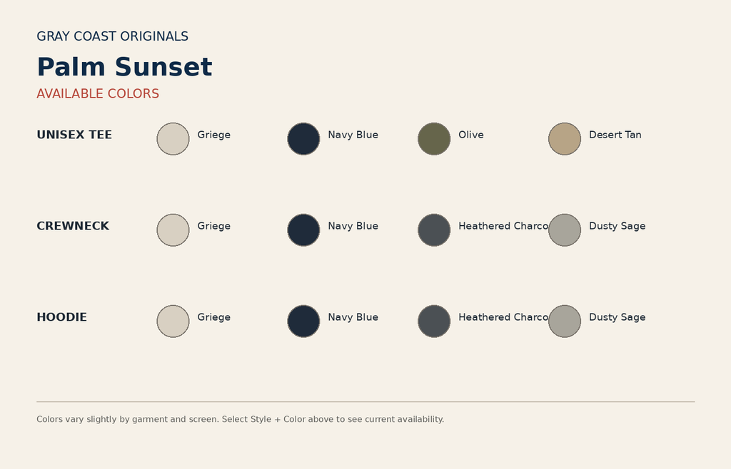 Palm Sunset color chart for tee crewneck and hoodie