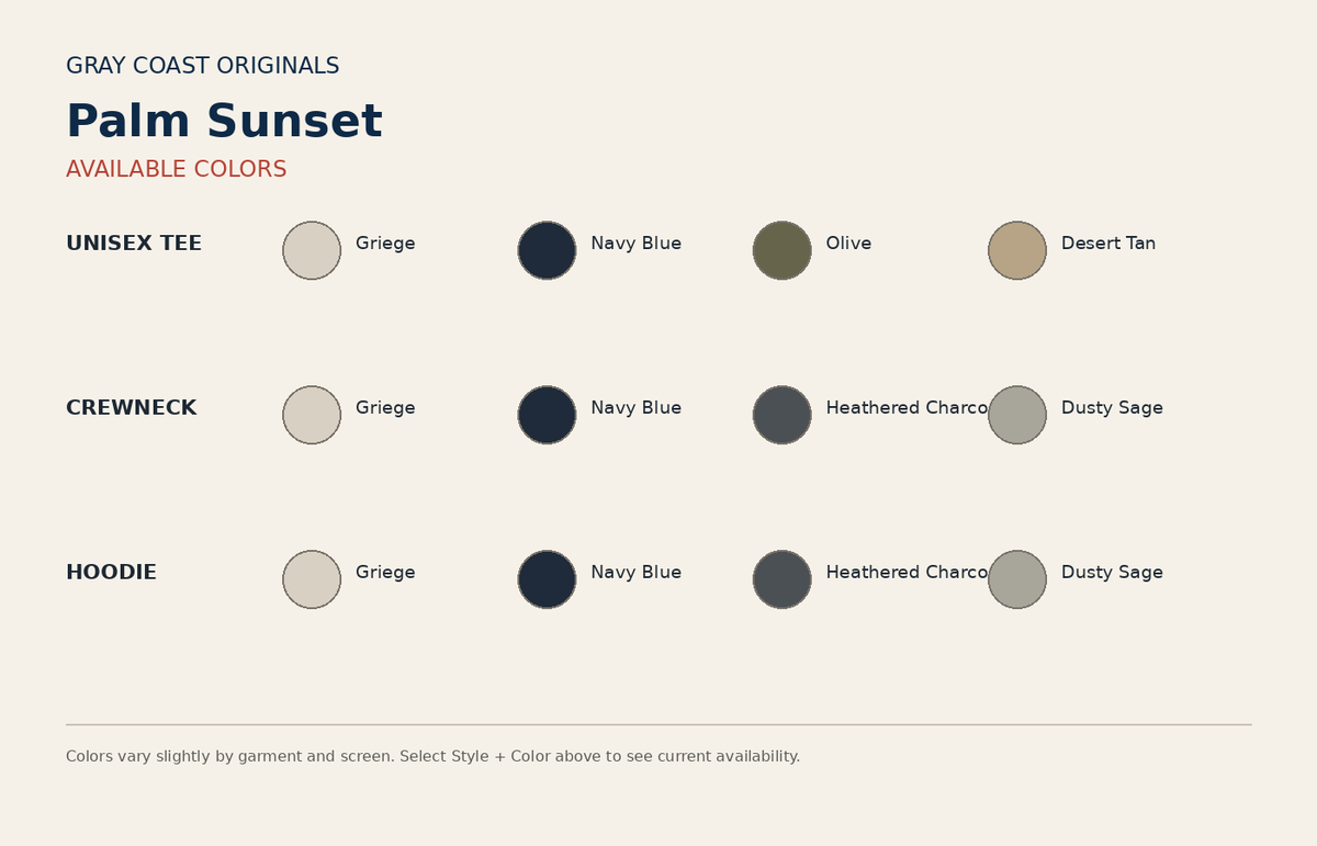 Palm Sunset color chart for tee crewneck and hoodie