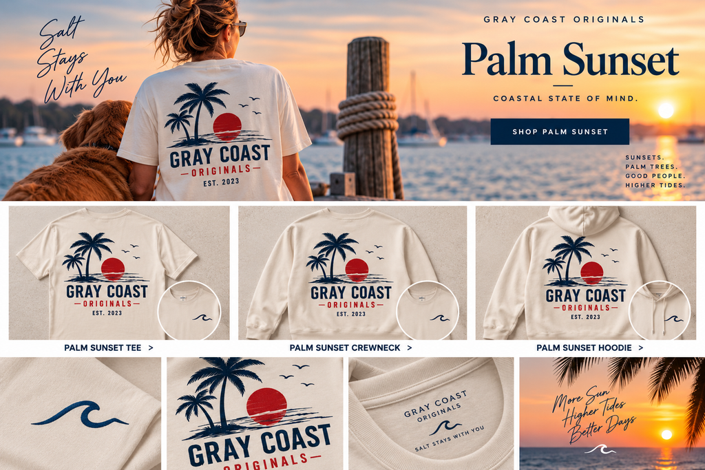 Gray Coast Originals Palm Sunset — lifestyle, tee, crewneck, hoodie and design details