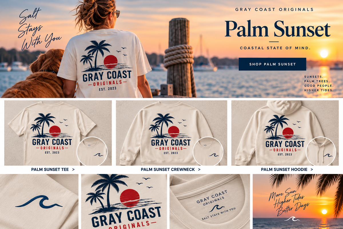 Gray Coast Originals Palm Sunset — lifestyle, tee, crewneck, hoodie and design details