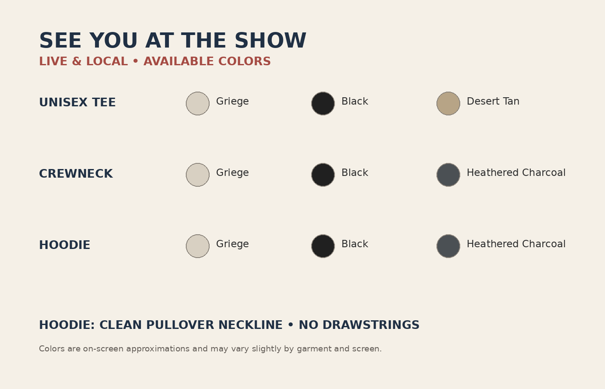 See You at the Show color chart — tee crewneck and no-drawstring hoodie