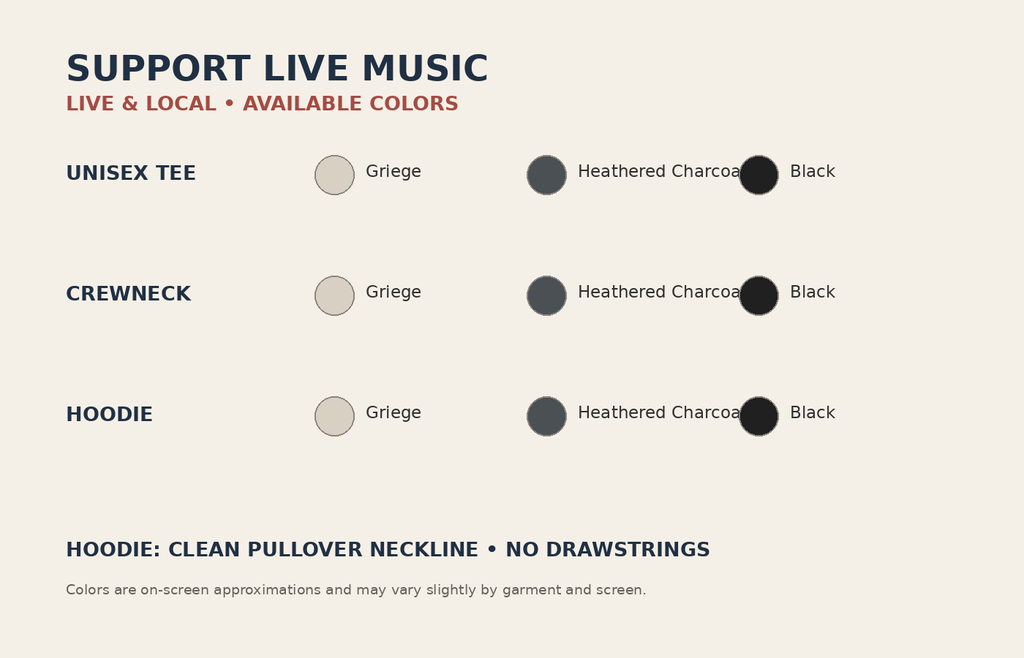 Support Live Music color chart — tee crewneck and no-drawstring hoodie
